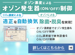 オゾン濃度によるオゾン発生器（ON/OFF)制御　CO2濃度による適正な自動換気とオゾンによる除菌・脱臭を実現！